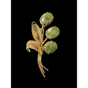 Vintage 10k Gold Filled with Nephrite Jade Stones Floral Filigree Brooch Pin